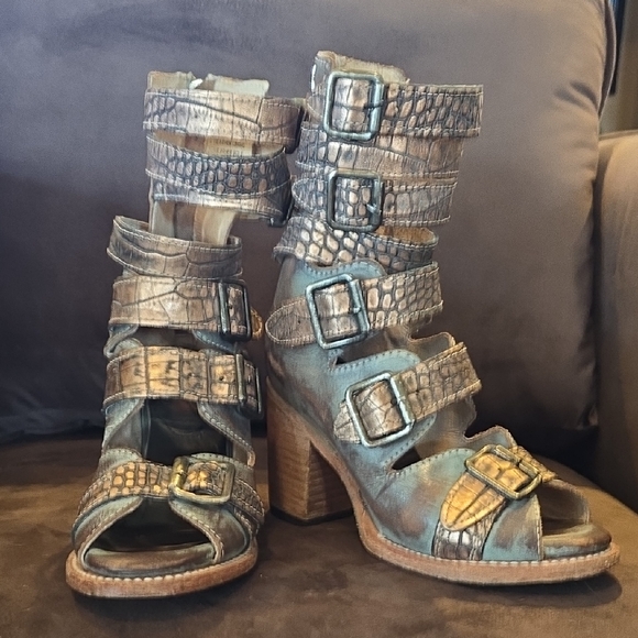 Freebird by Steven Shoes - Freebird by Steven Distressed Teal Strappy Buckle Heels